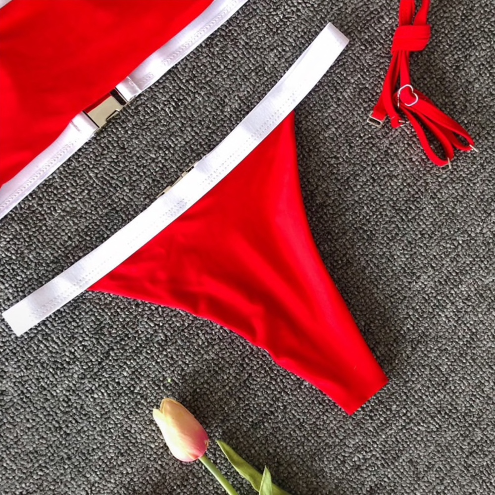Colorblock Red and Cheetah Belted Bikini Swimsuit - Picture 4 of 5